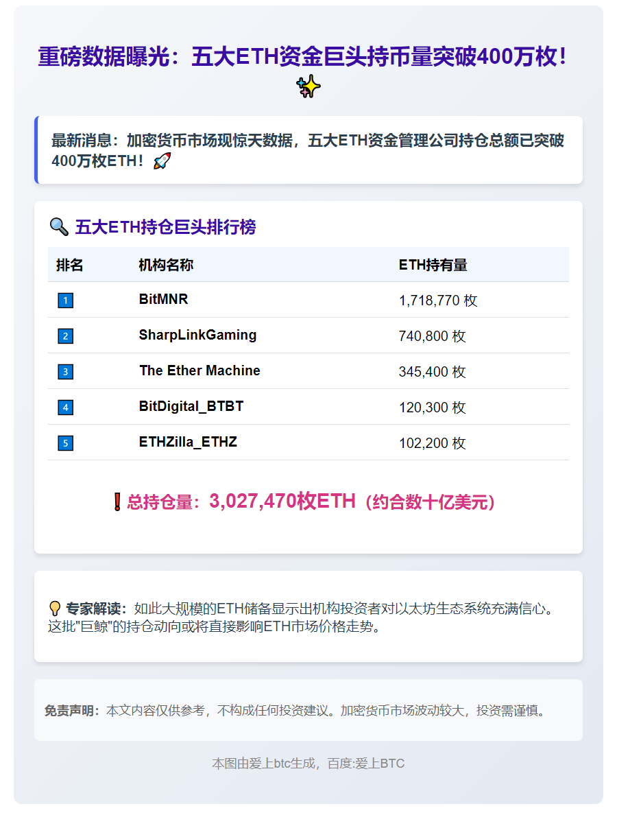 前五ETH资金公司持币超400万枚