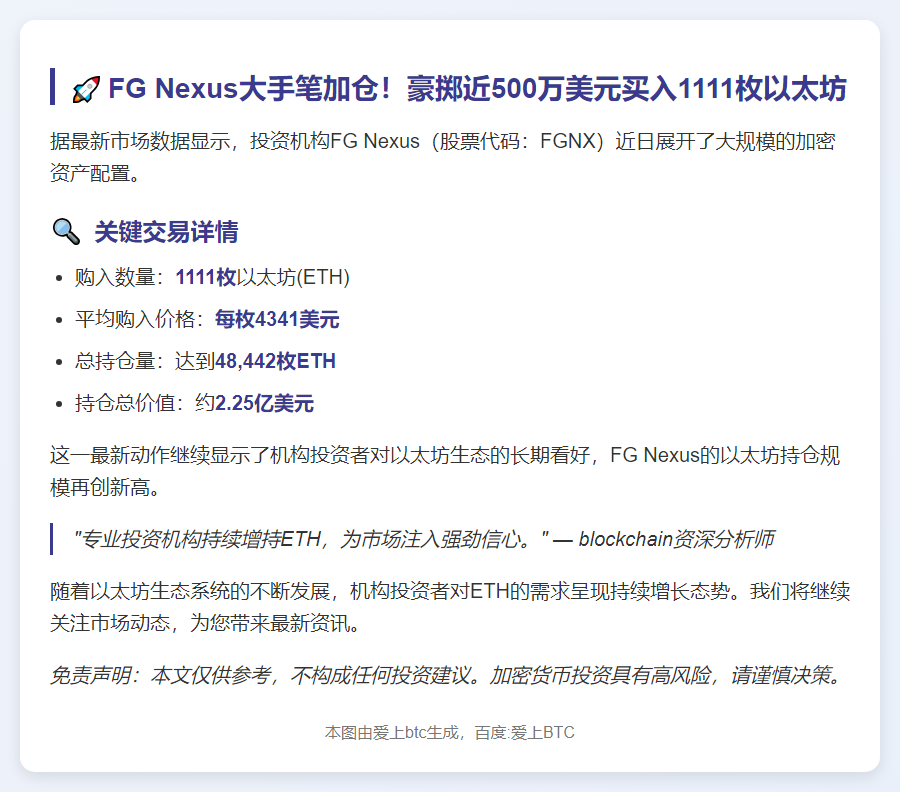 "FG Nexus再购1111枚以太坊，均价4341美元"