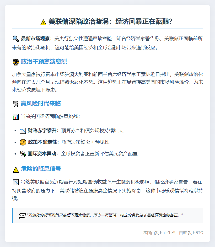 ```
美联储政治化加剧，经济学家警告
```