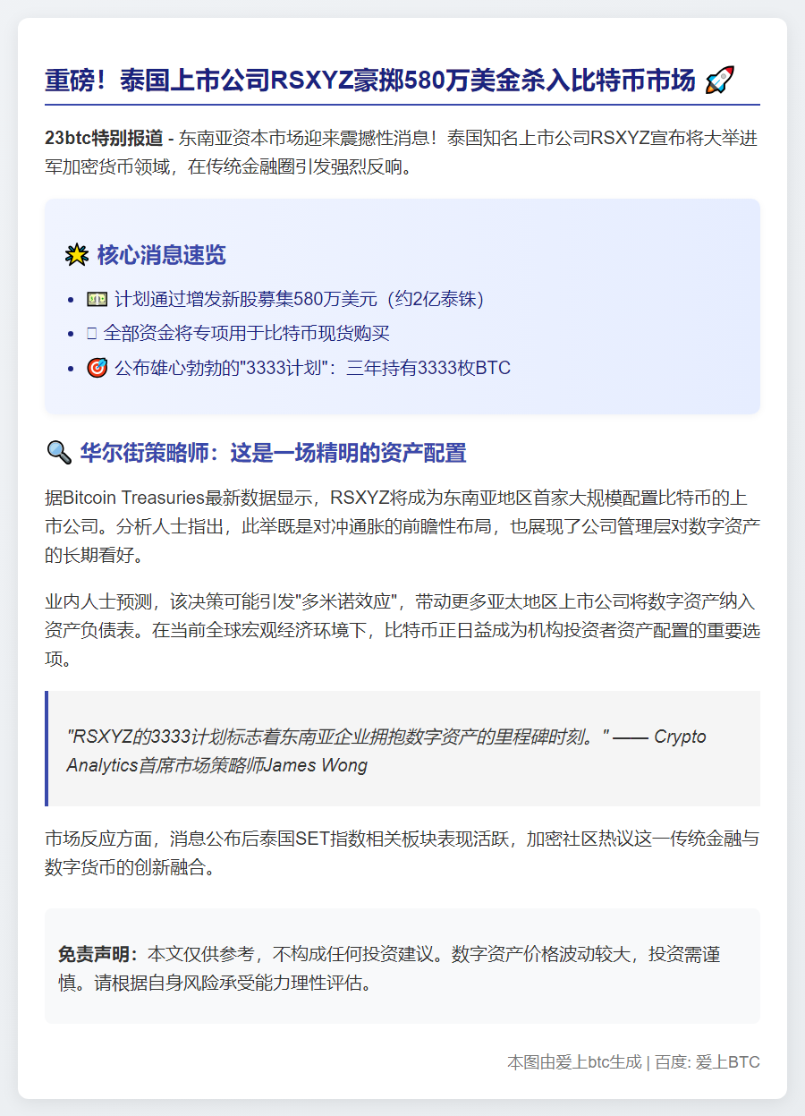 泰国上市企业RSXYZ拟投580万购比特币 目标持3333枚

注：若RSXYZ为公司真实名称可保留，若是虚构名称可替换为更贴近案例的具体公司名。