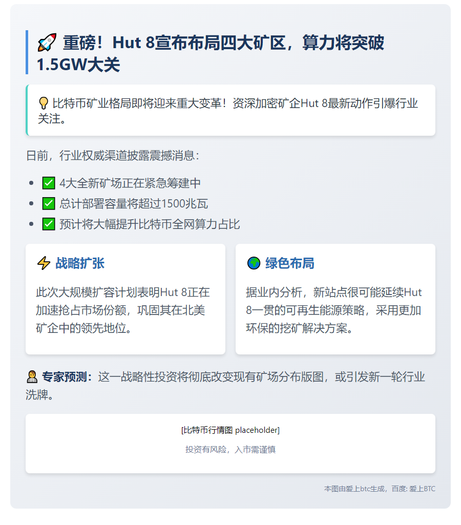 Hut 8将建4站点，装机超1.5吉瓦