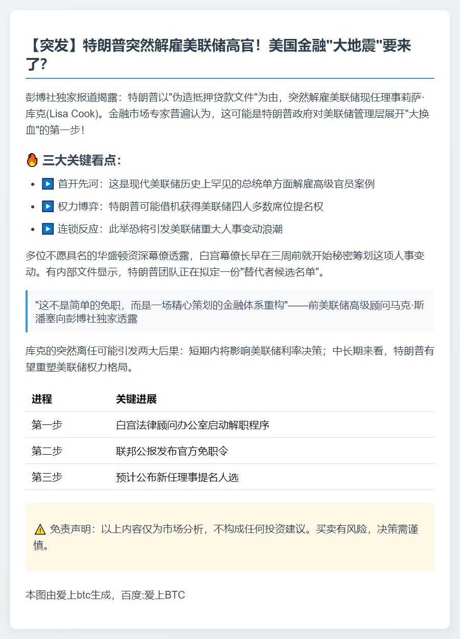 特朗普解雇库克或预示美联储大改组