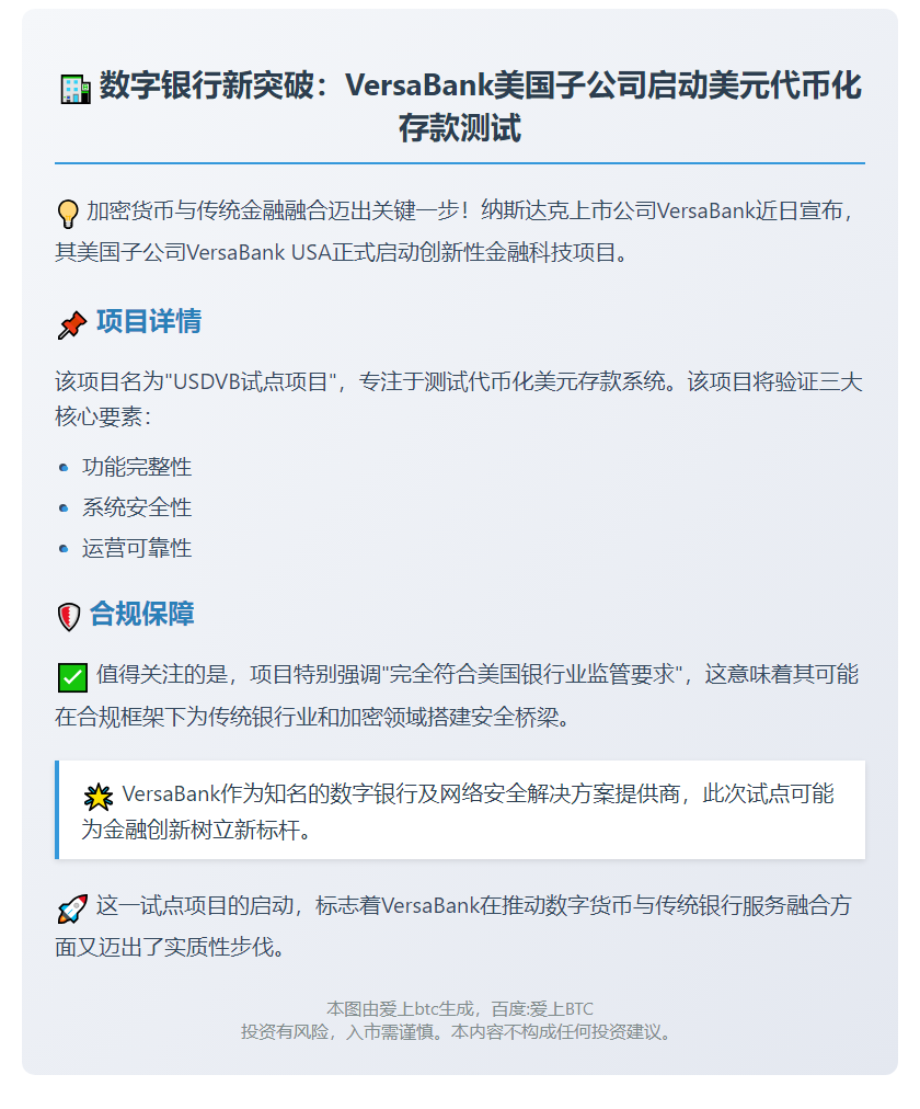 VersaBank在美试点代币化存款