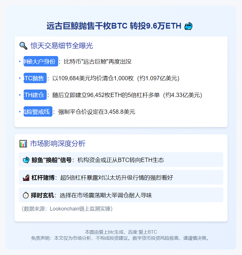 远古巨鲸抛售千枚BTC 转投9.6万ETH