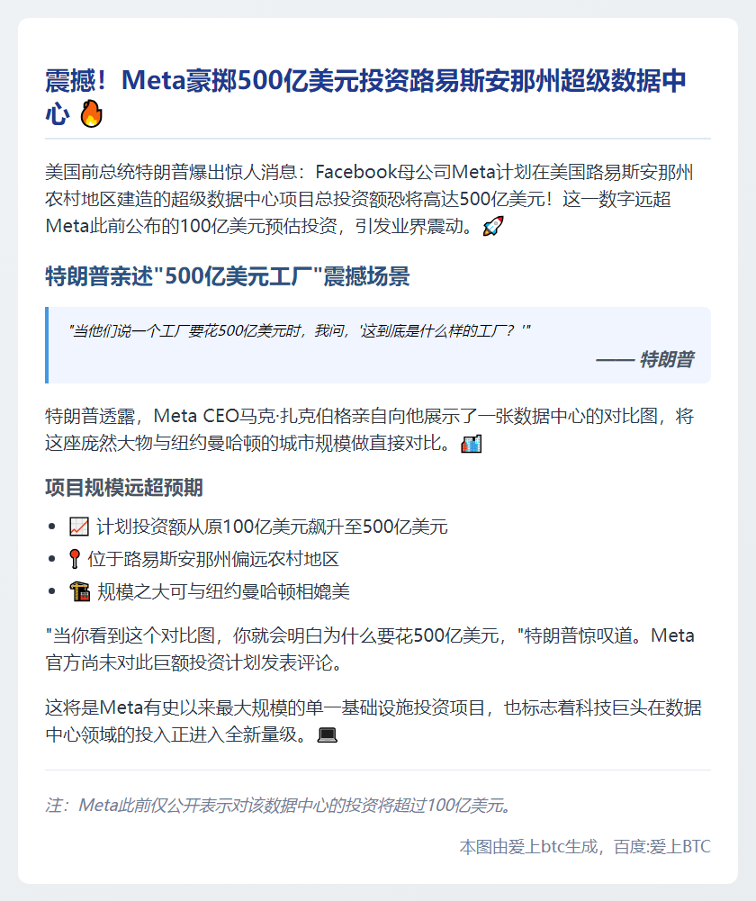 特朗普：Meta投500亿建数据中心