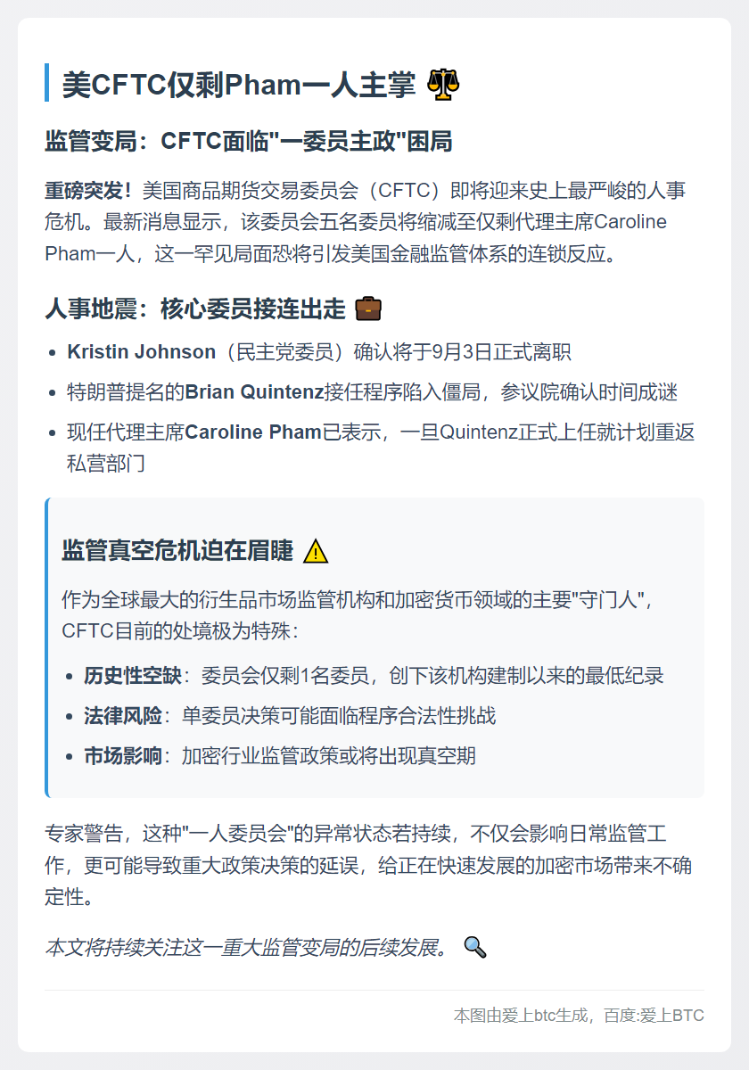 精简标题（不超过20字）：美CFTC仅剩Pham一人主掌