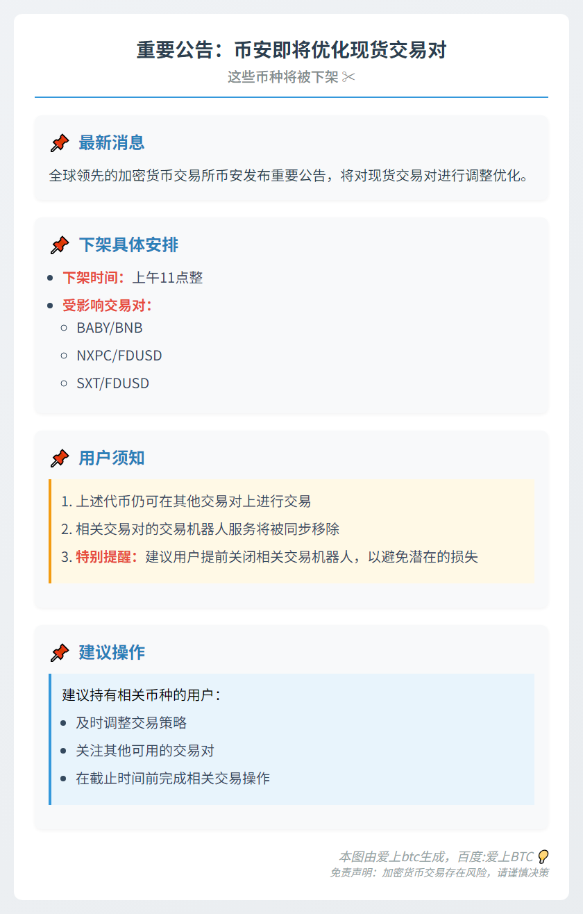 币安将下架部分交易对