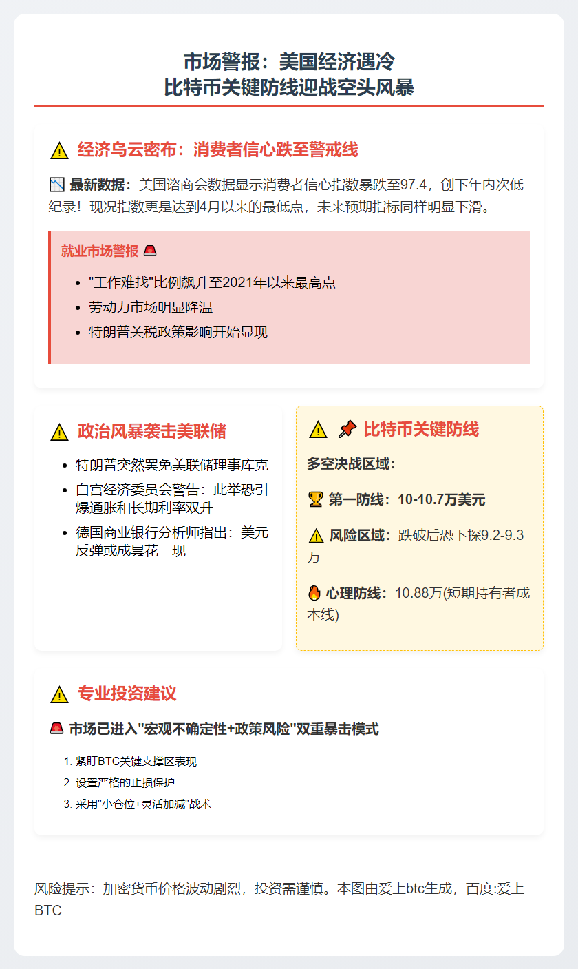 **标题**：美消费者信心下滑 比特币关键支撑受关注