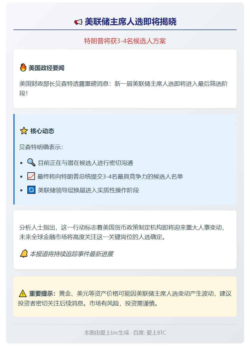 贝森特将向特朗普推荐3-4名美联储主席人选