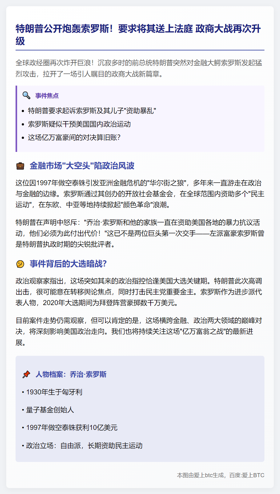 特朗普促控索罗斯