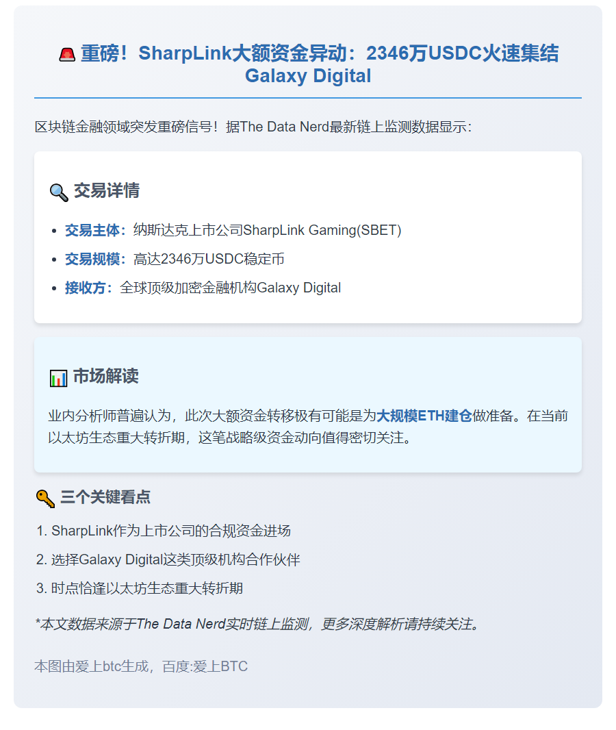 SharpLink转2346万U至Galaxy Digital拟增持ETH