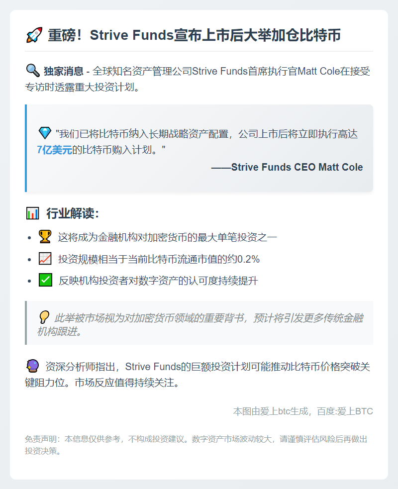 Strive CEO：上市后将购7亿美元比特币