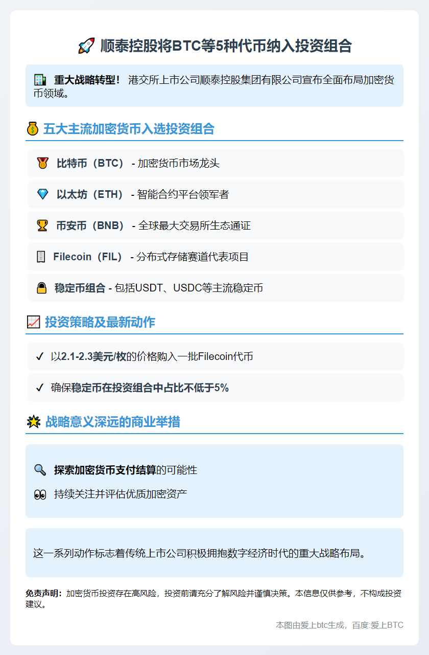 顺泰控股将BTC等5种代币纳入投资组合