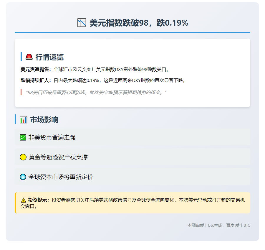 美元指数跌破98，跌0.19%