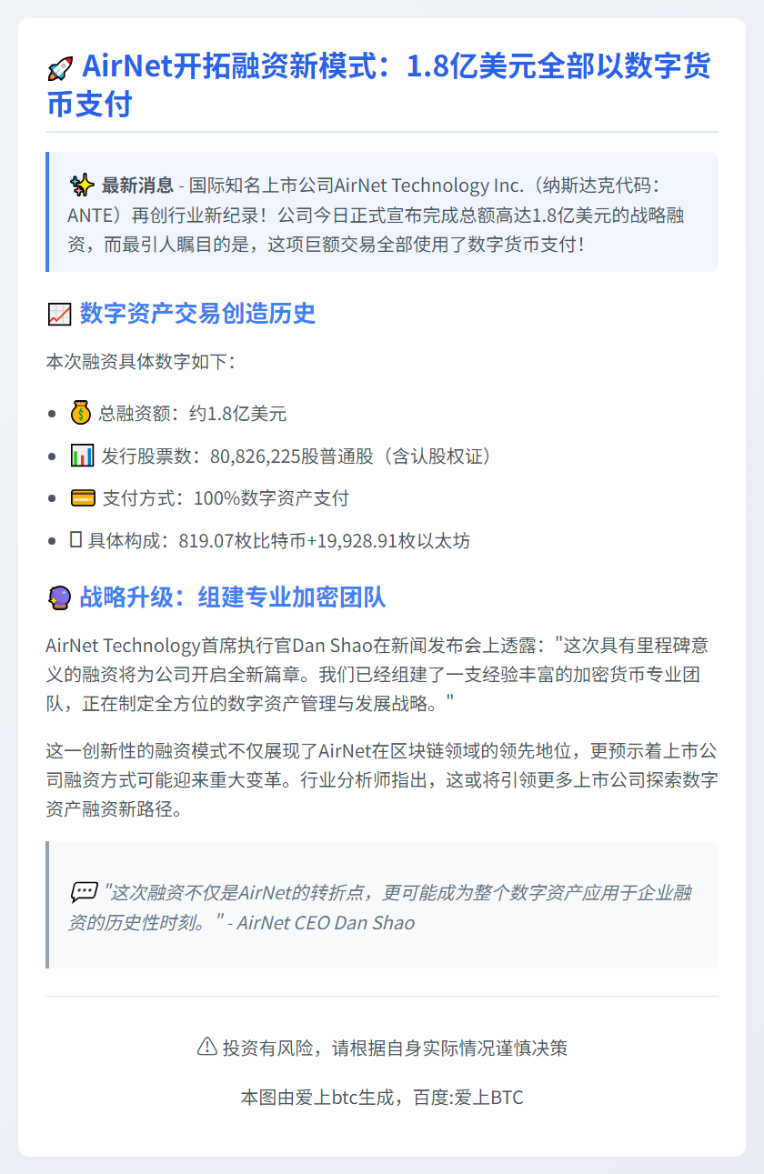 AirNet完成1.8亿美元数字资产融资