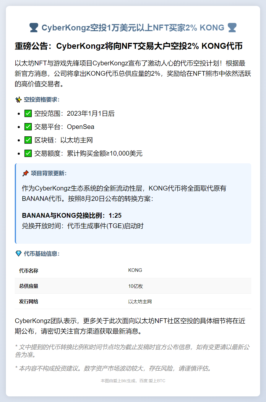 CyberKongz空投1万美元以上NFT买家2% KONG