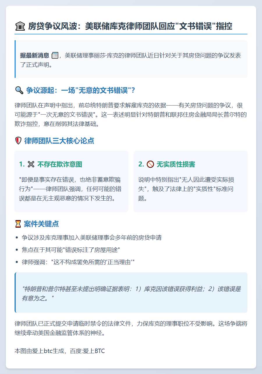 "美联储库克律师：房贷争议或涉文书错误"