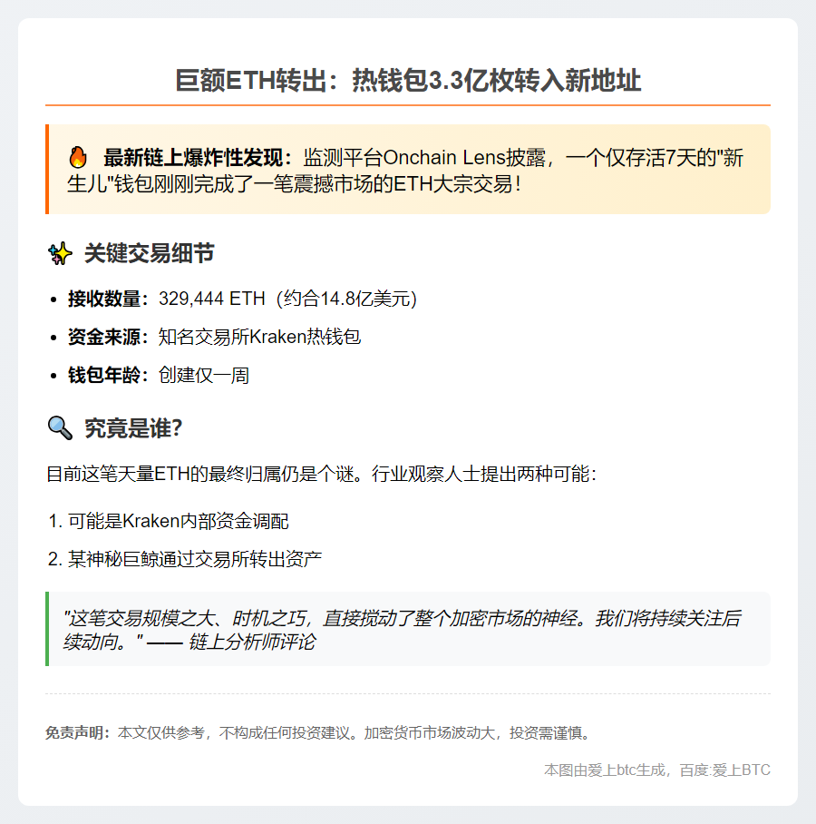 巨额ETH转出：热钱包3.3亿枚转入新地址