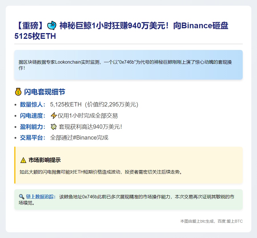 鲸鱼一小时套现5125ETH 盈利940万$