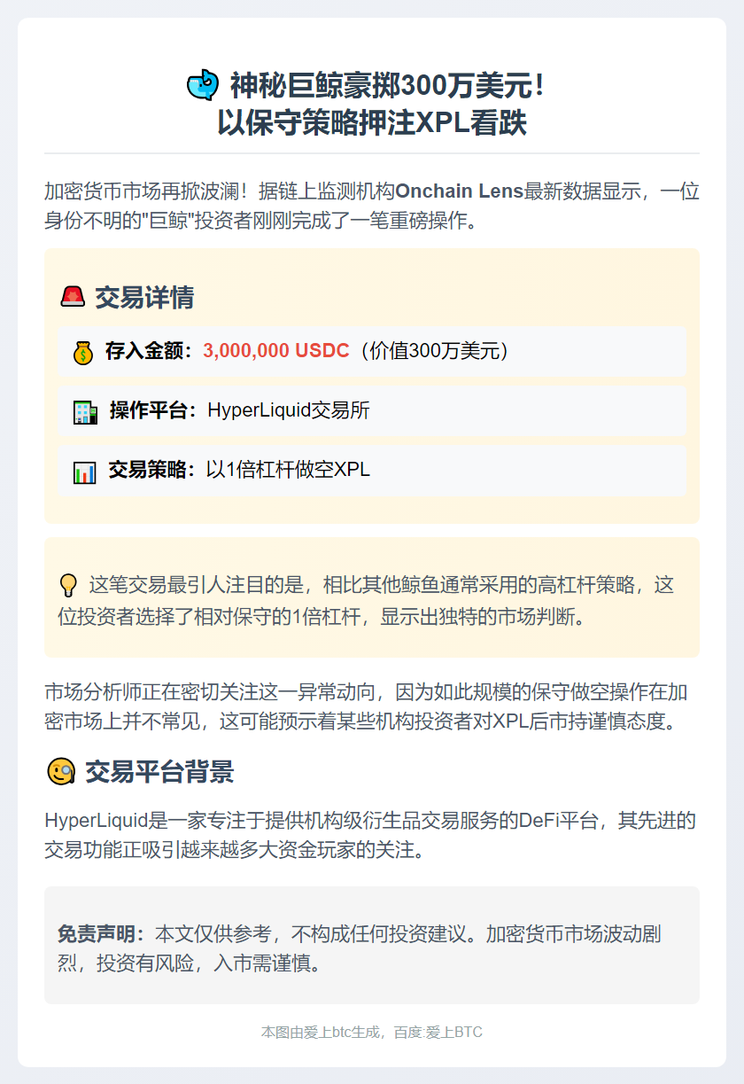 鲸鱼存入300万USDC做空XPL