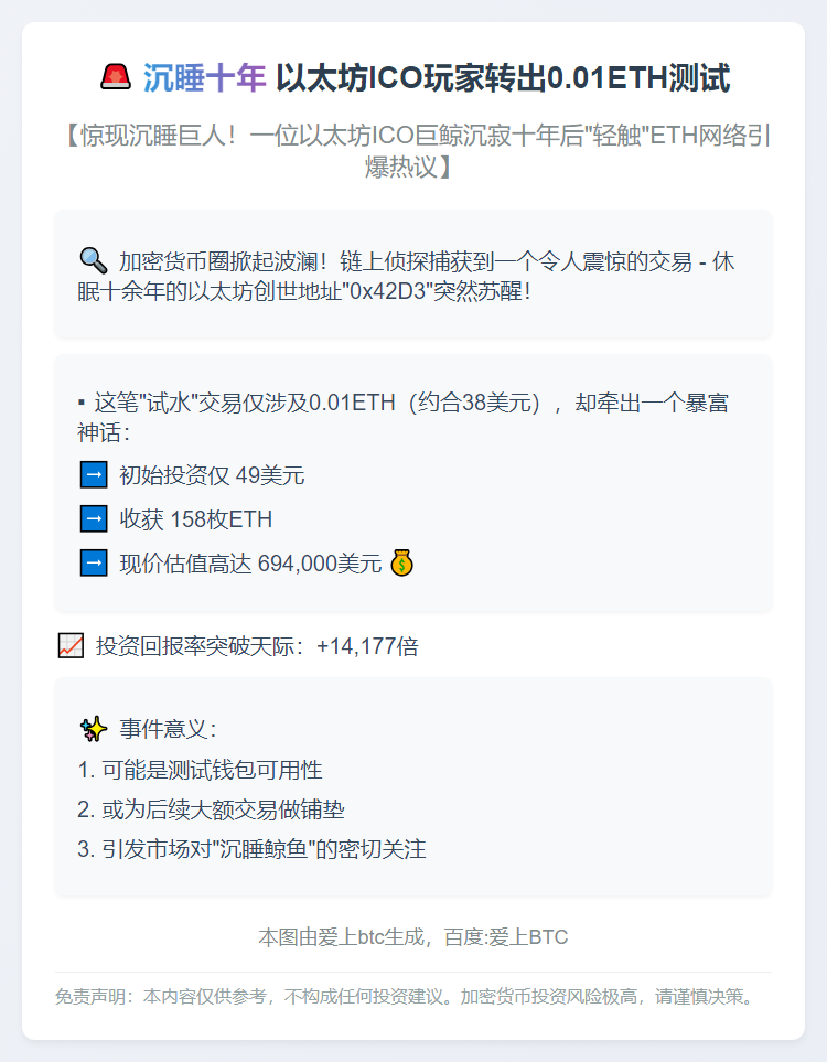 沉睡10年后，以太坊ICO玩家转出0.01ETH测试