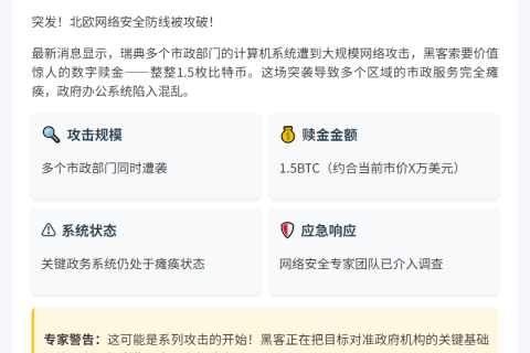瑞典市政遭网攻瘫痪 赎金索要1.5比特币