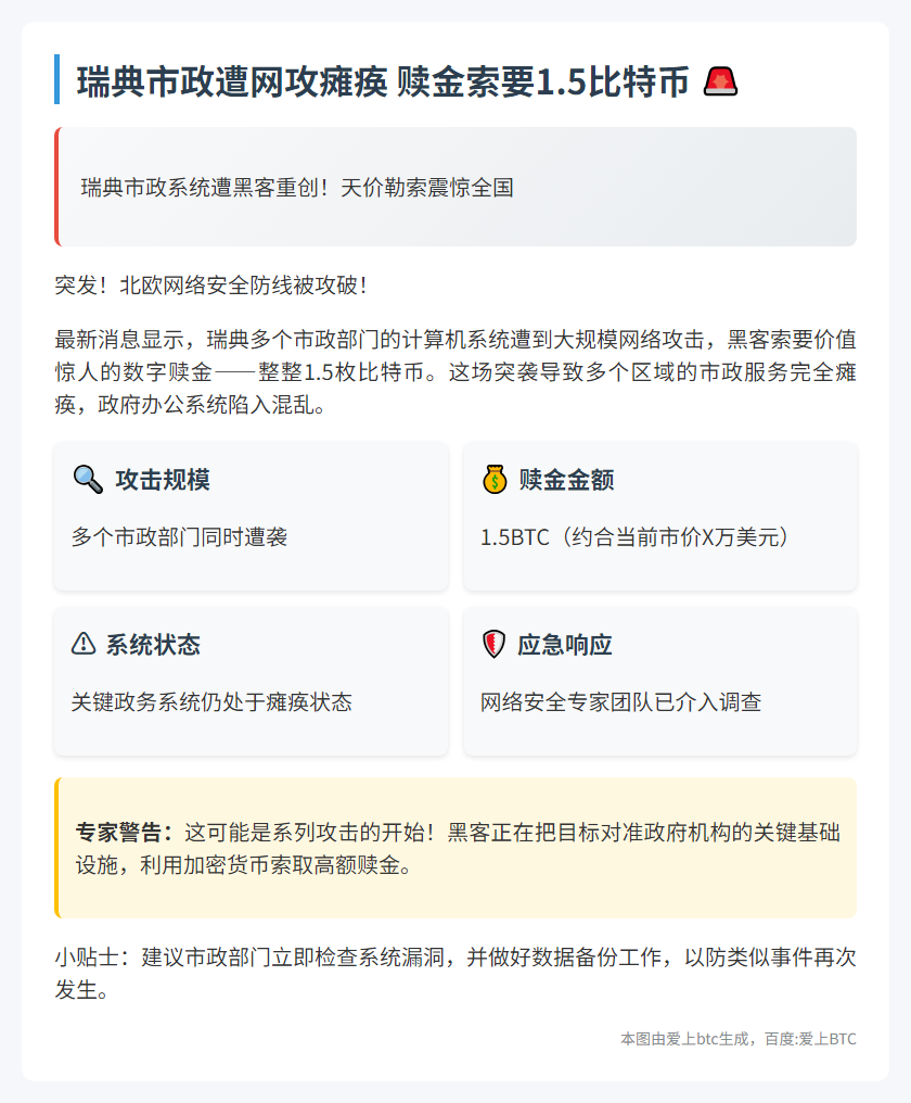 瑞典市政遭网攻瘫痪 赎金索要1.5比特币
