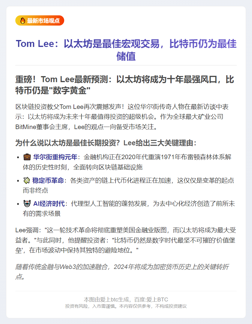 ``` 
Tom Lee：以太坊是最佳宏观交易，比特币仍为最佳储值
```