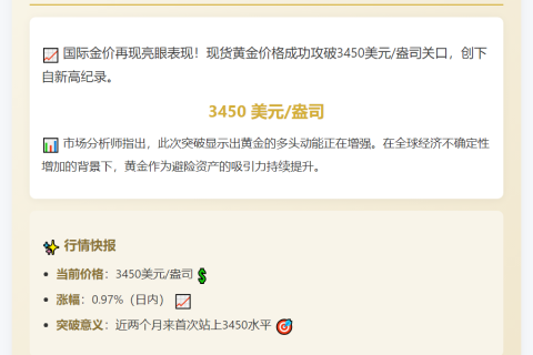 现货黄金突破3450美元/盎司