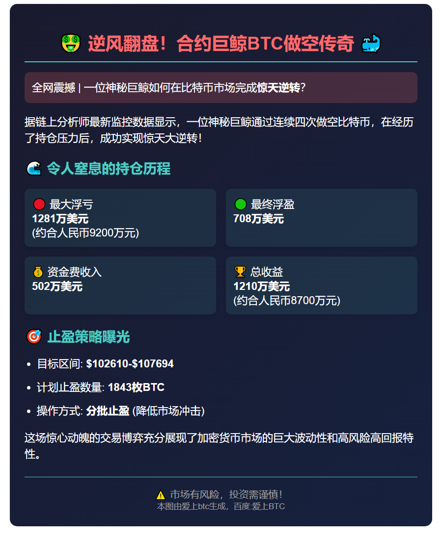 巨鲸做空BTC浮盈708万 曾亏1281万