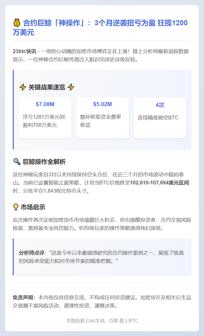 "BTC巨鲸做空3月浮盈708万 赚502万资金费"