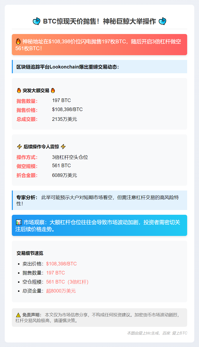 鲸鱼抛售197枚BTC并3倍杠杆做空561枚