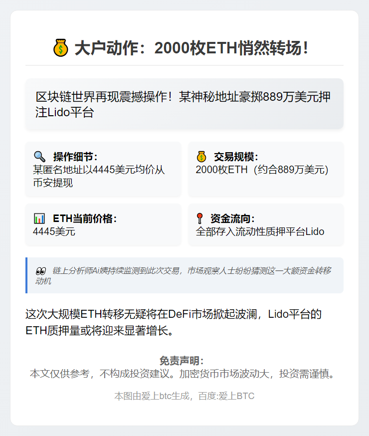 "2000 ETH(889万美元)从币安转至Lido"
