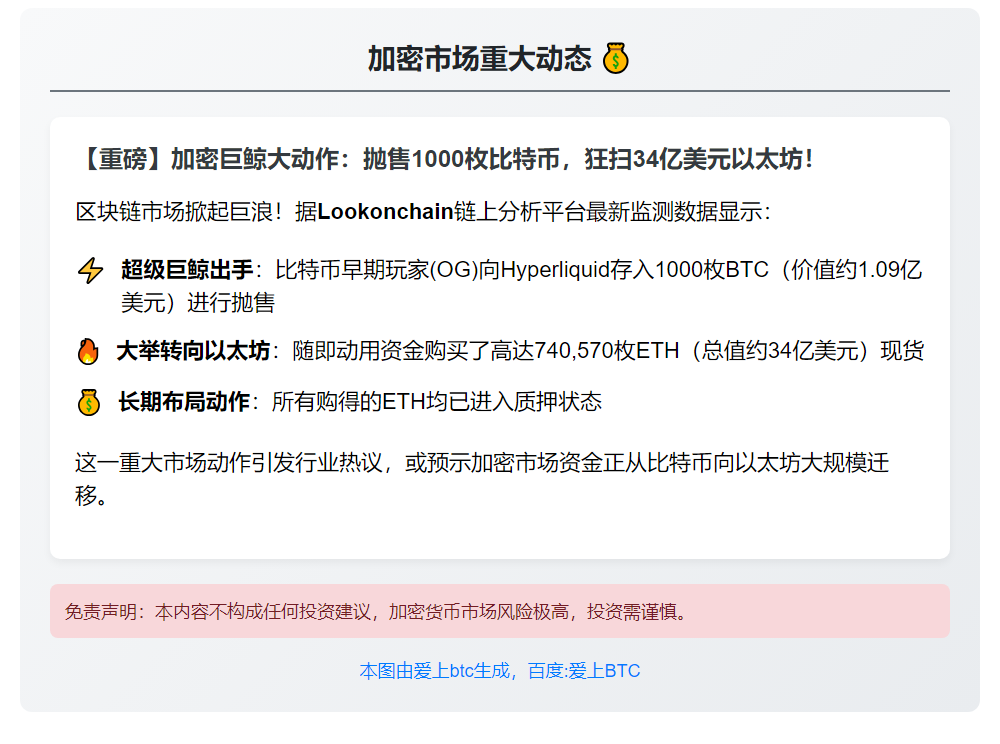 比特币巨鲸抛售1000枚BTC转投ETH