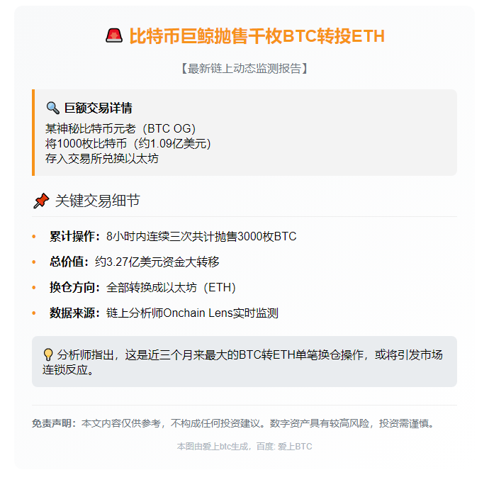 比特币巨鲸抛售千枚BTC转投ETH