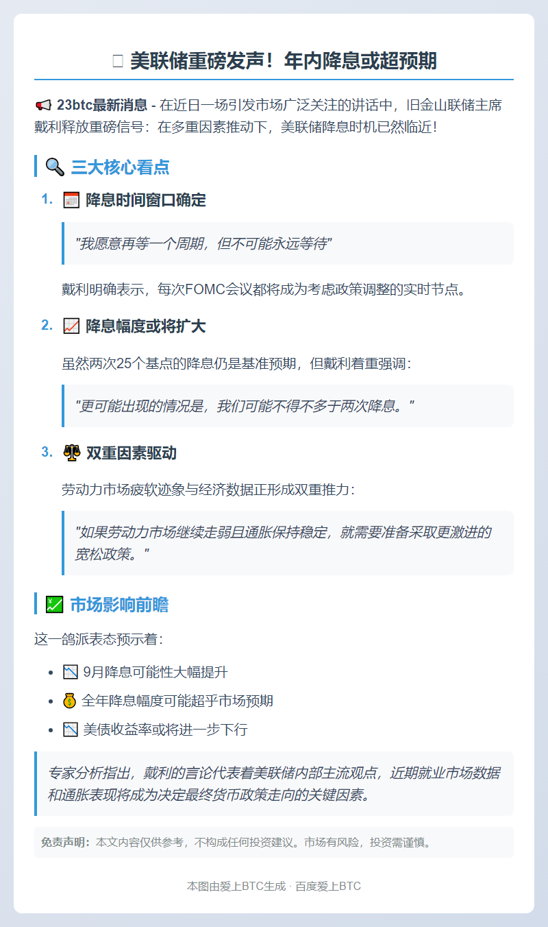 美联储戴利：降息在即 或超两次