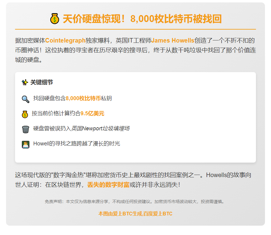 男子找回8000枚比特币硬盘 价值9.5亿美元