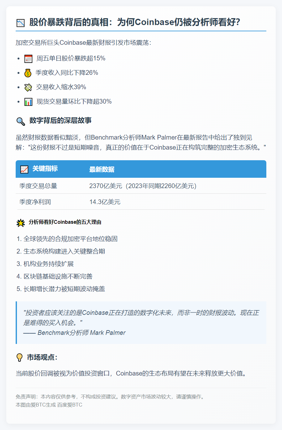Coinbase盈利疲软和股价下跌“无关大局”