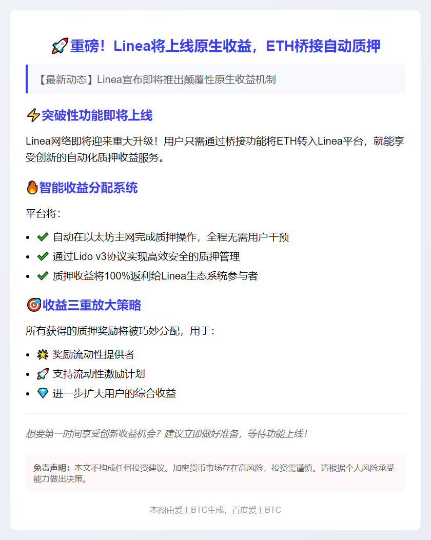 Linea将上线原生收益，ETH桥接自动质押