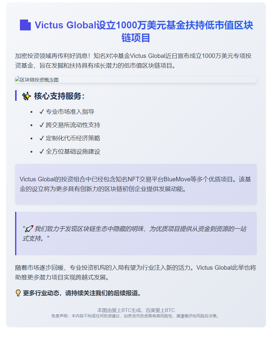 "Victus Global设立1000万美元基金扶持低市值区块链项目"