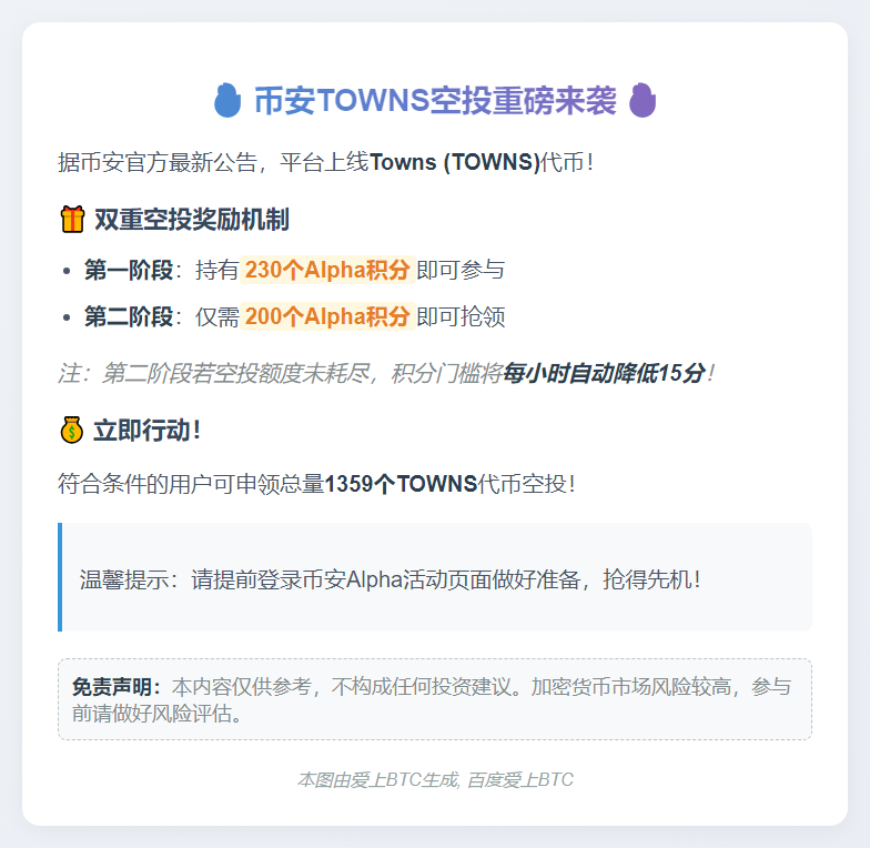 币安TOWNS空投第一阶段门槛230分