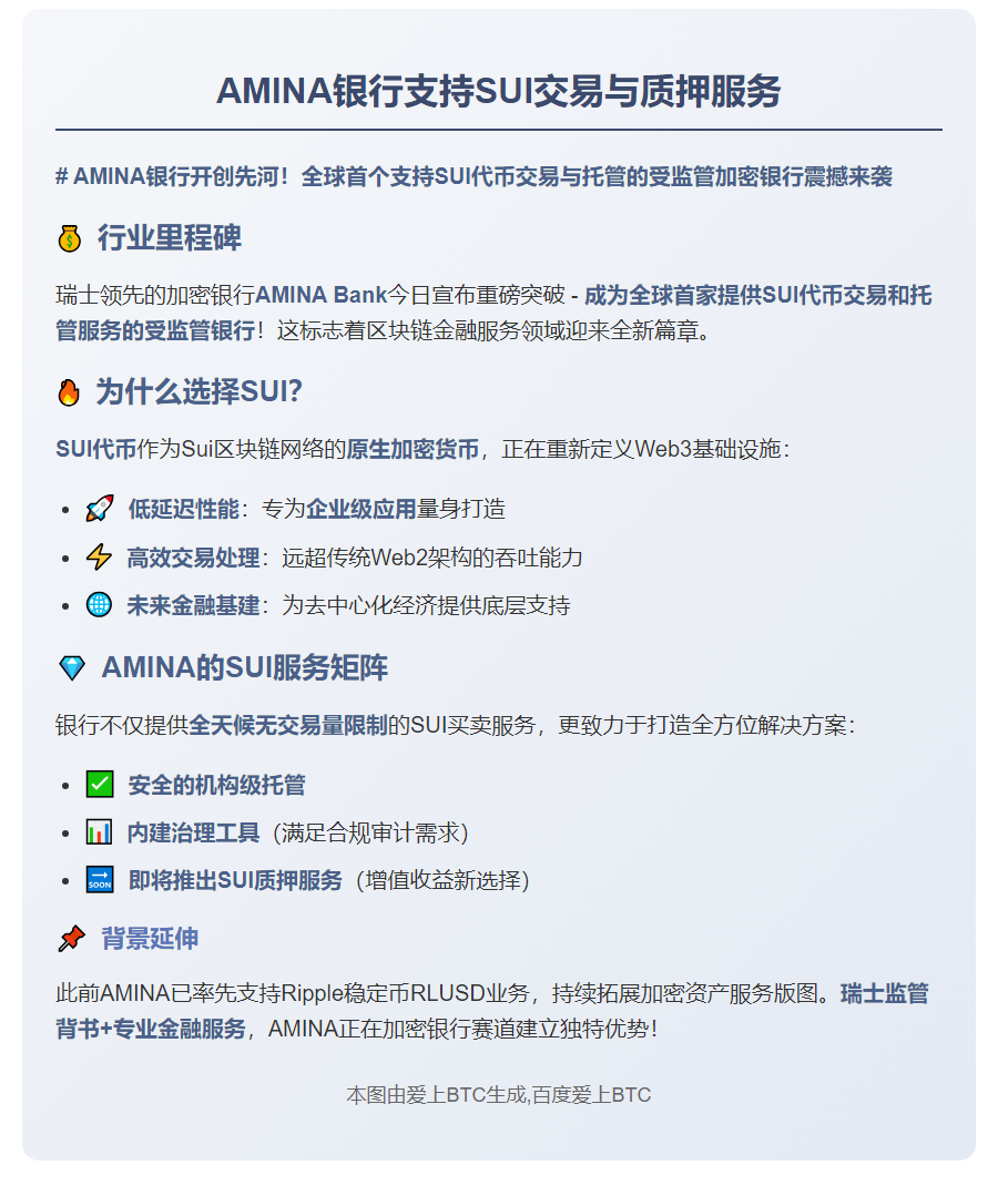 AMINA银行支持SUI交易与质押服务