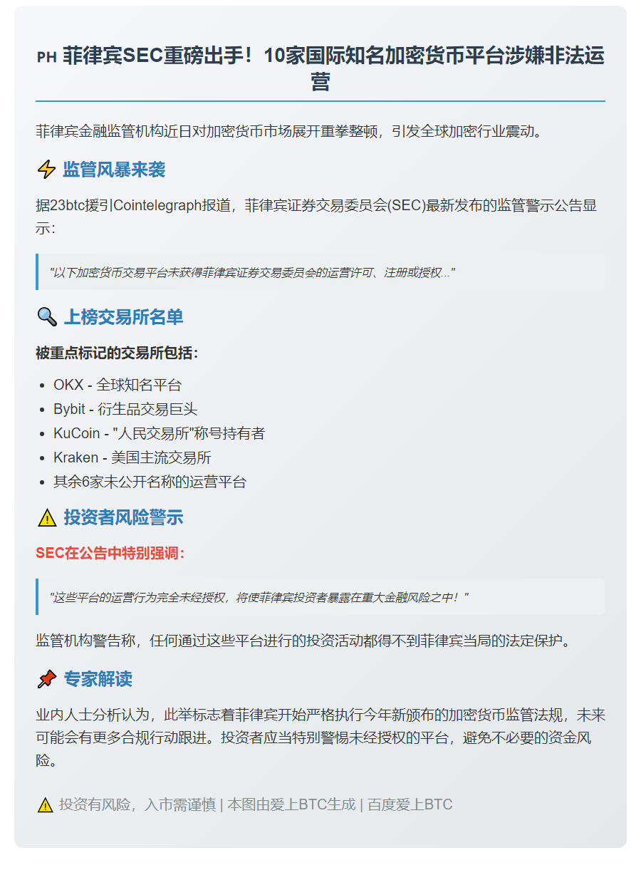 菲证交会警告10家无证加密货币交易所