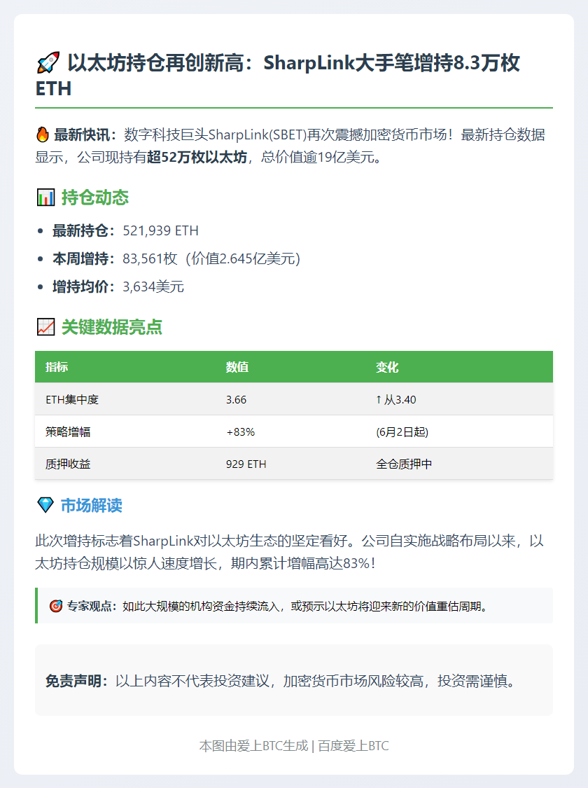 SharpLink以太坊持仓突破52万枚 大手笔增持8.3万枚