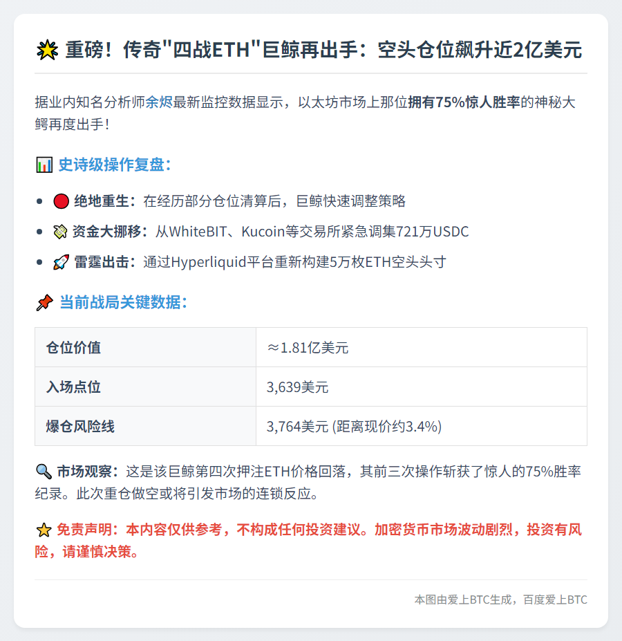 巨鲸四战ETH加仓1.81亿美元空单