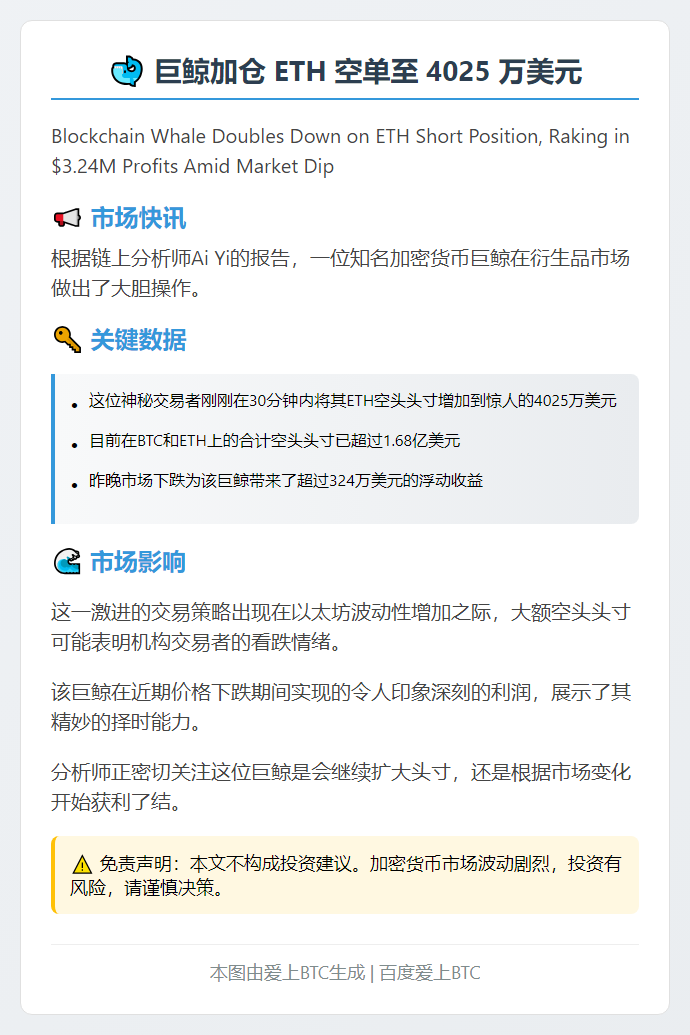 巨鲸加仓 ETH 空单至 4025 万美元