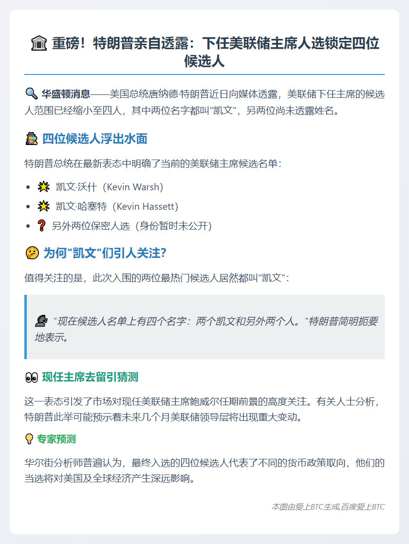 特朗普缩小美联储主席候选至四人