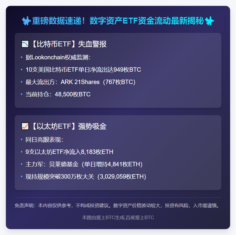 美比特币ETF流失949枚 以太坊ETF流入8183枚