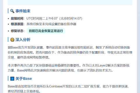Base宕机33分钟，已修复故障排序器