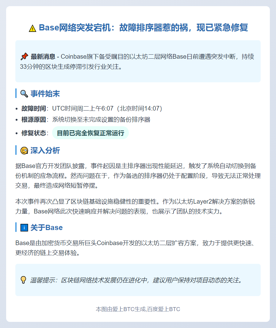 Base宕机33分钟，已修复故障排序器